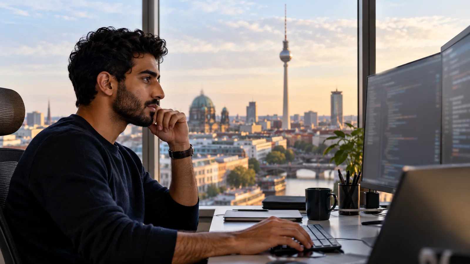 متخصص تقنية معلومات عربي يعمل أمام شاشة تعرض أشكالًا برمجية غير مقروءة في برلين.