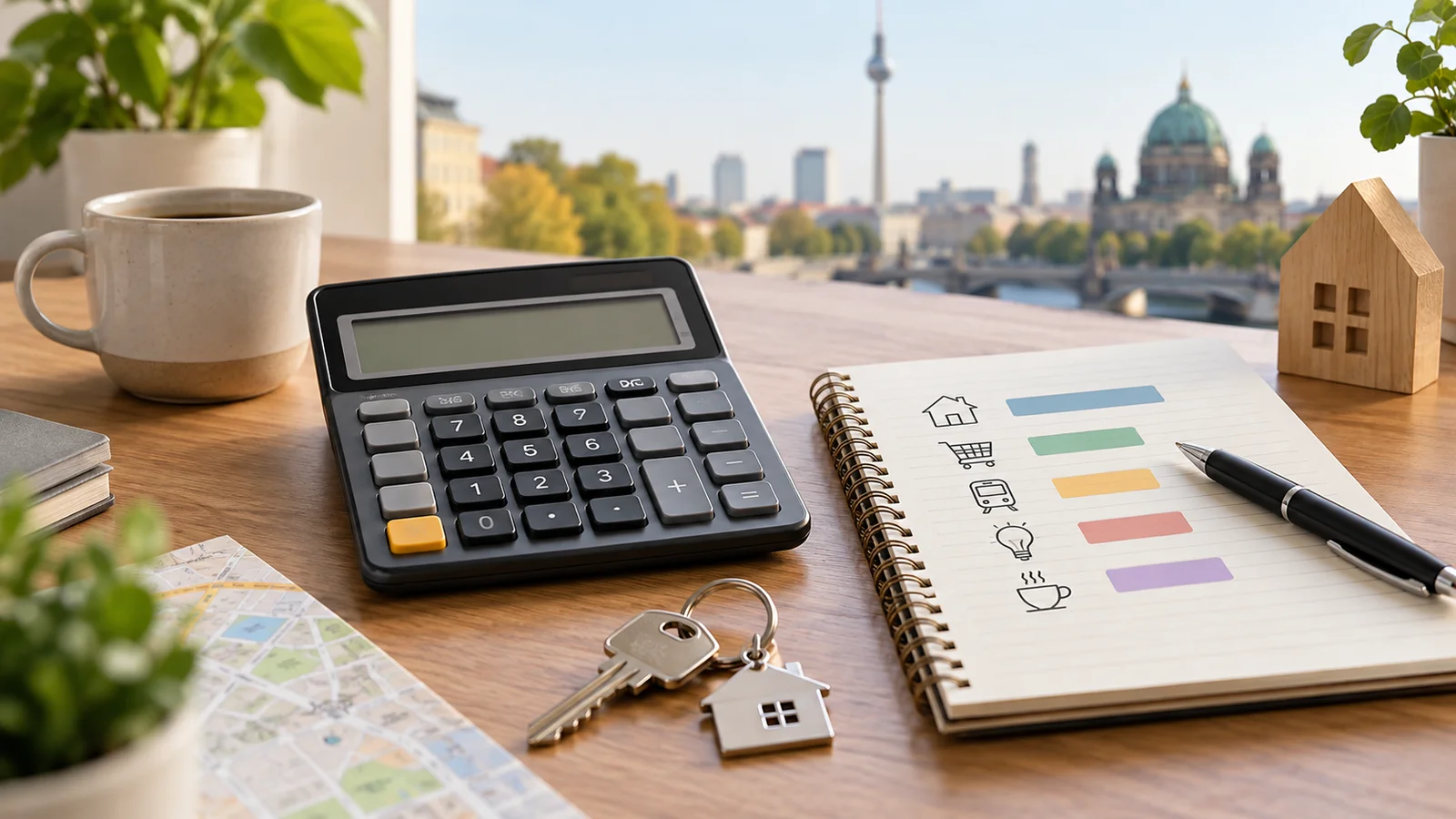 حاسبة ودفتر ميزانية ومفاتيح سكن على مكتب.