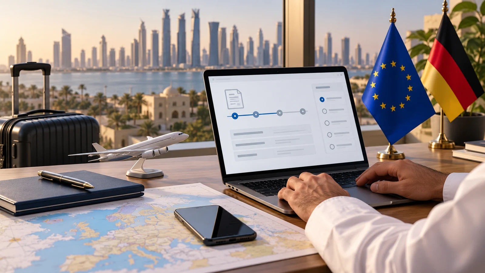 صورة توضيحية لموضوع كيف تحصل على البطاقة الزرقاء الألمانية من السعودية والإمارات؟ دون عرض وثيقة رسمية أو بيانات شخصية.