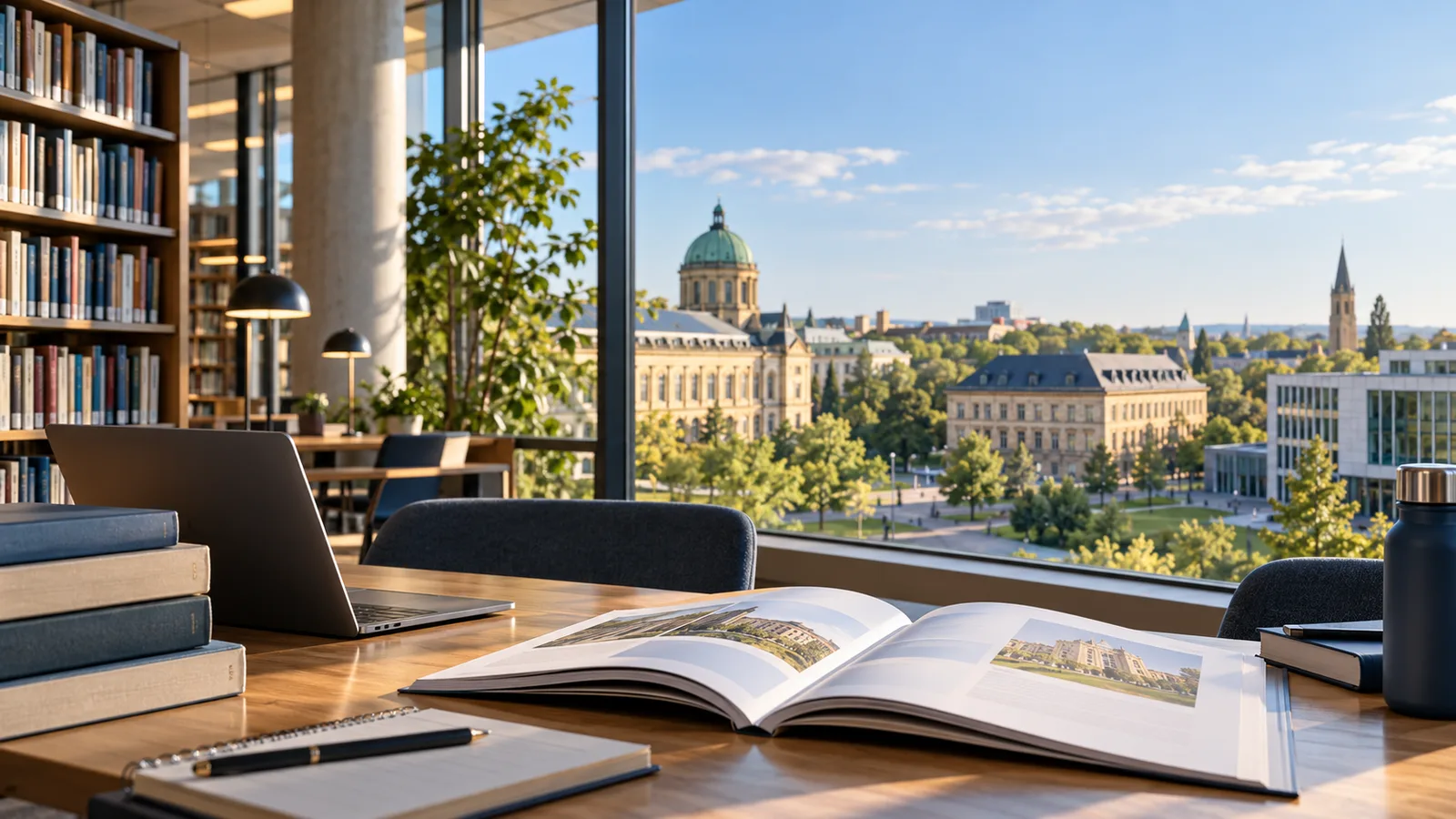 دليل برامج جامعية مفتوح داخل مكتبة تطل على حرم جامعي.