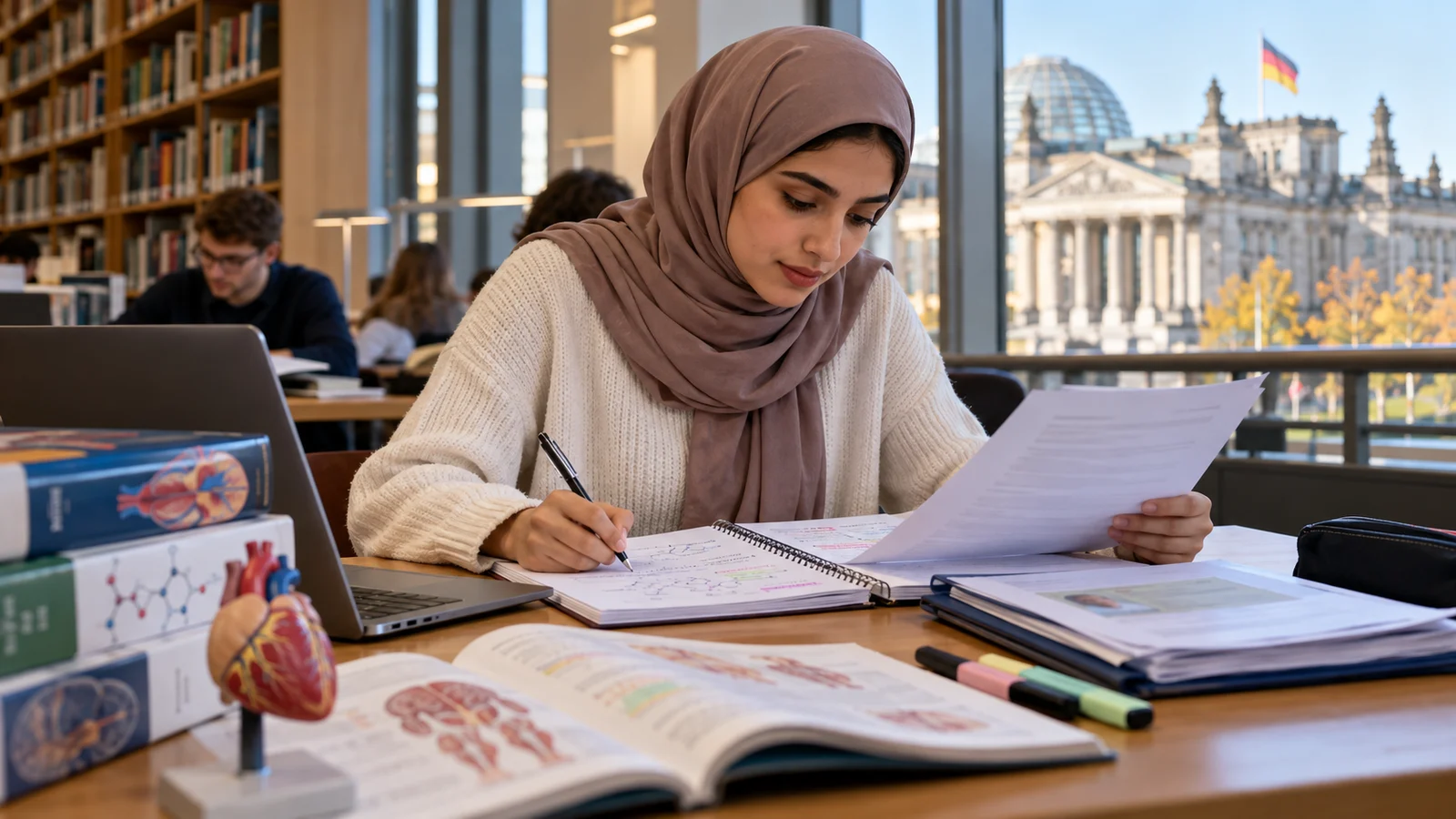 طالبة عربية تراجع مواد العلوم وأوراق القبول استعدادًا لدراسة الطب أو الصيدلة في ألمانيا.