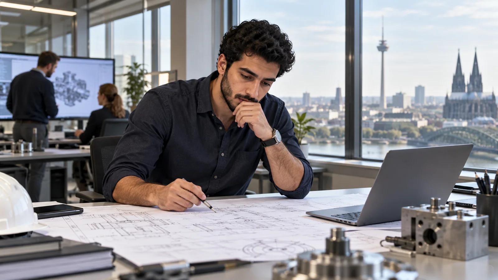 مهندس عربي يراجع مخططًا هندسيًا في مكتب ألماني استعدادًا لمناقشة عرض عمل.