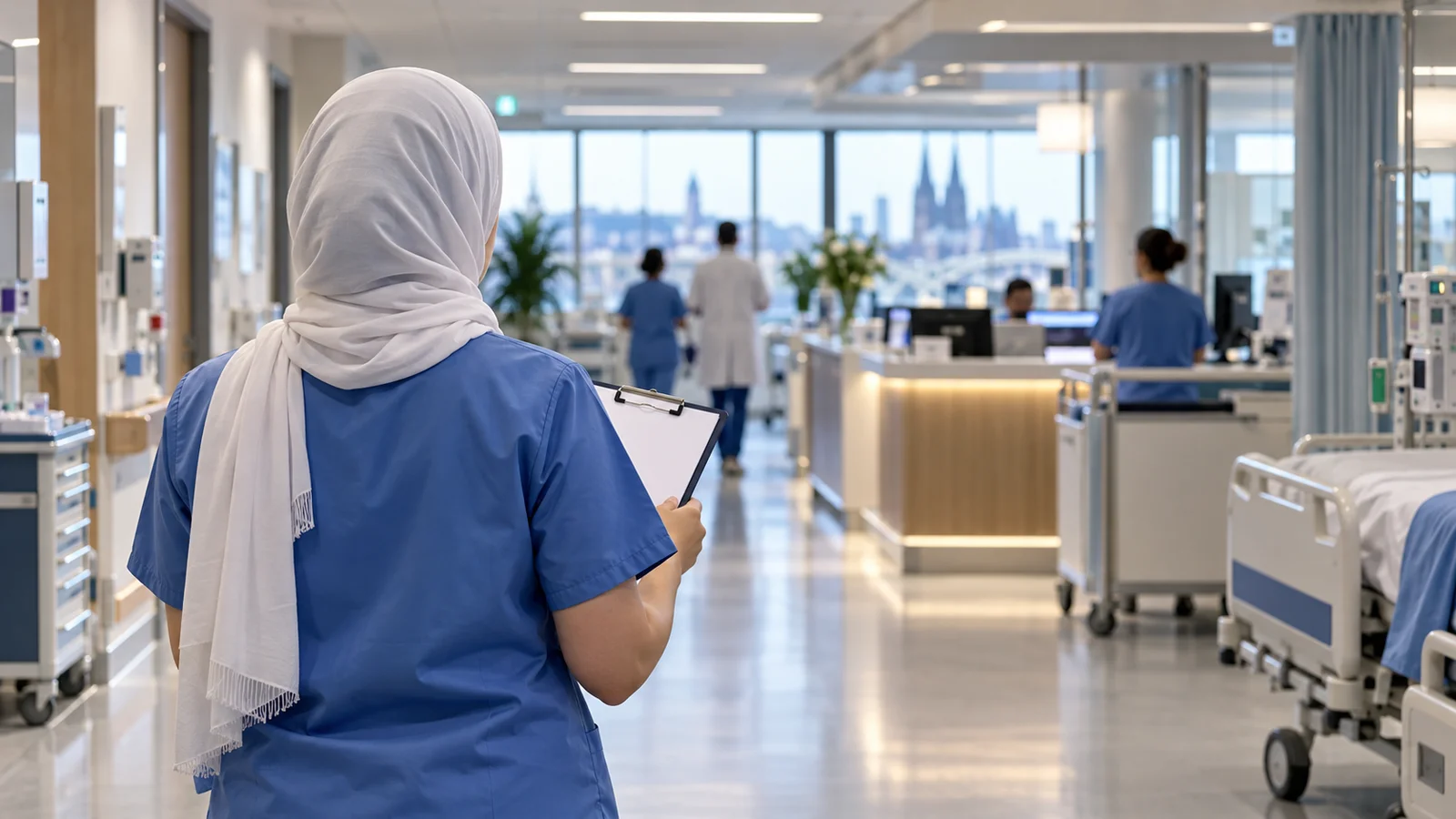 ممرضة مجهولة من الخلف تحمل لوحة ملاحظات في مستشفى حديث.