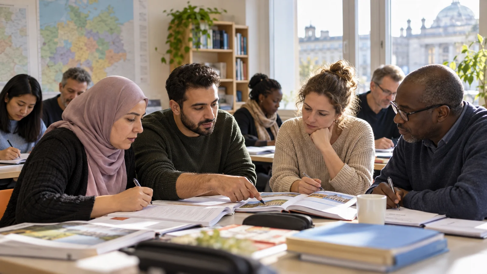 مقيمون من خلفيات متنوعة يستعدون لاختبار المعرفة المدنية في قاعة تعليمية بألمانيا.