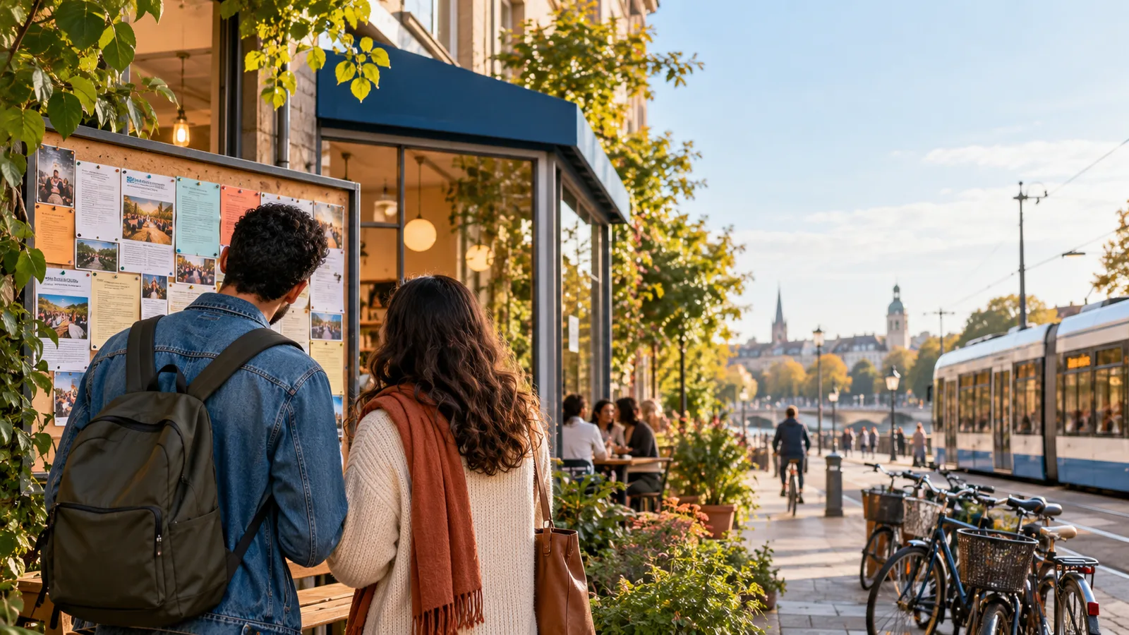 وافدان يشاهدان لوحة أنشطة مجتمعية في شارع ألماني نهارًا.